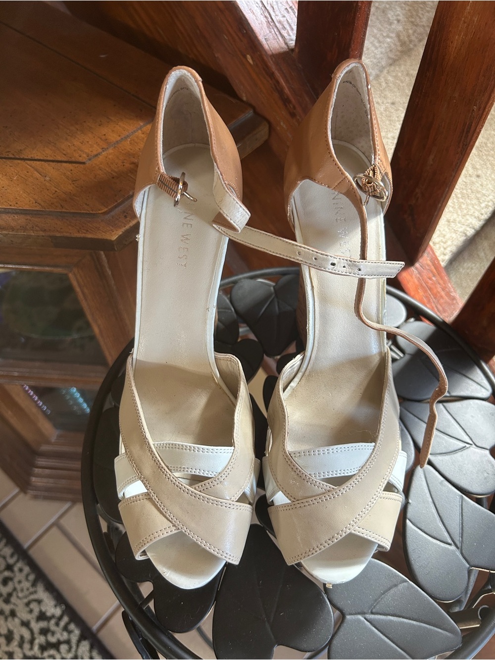 Nine West Beige and White Peep-Toe Ankle-Strap Wedge Heels